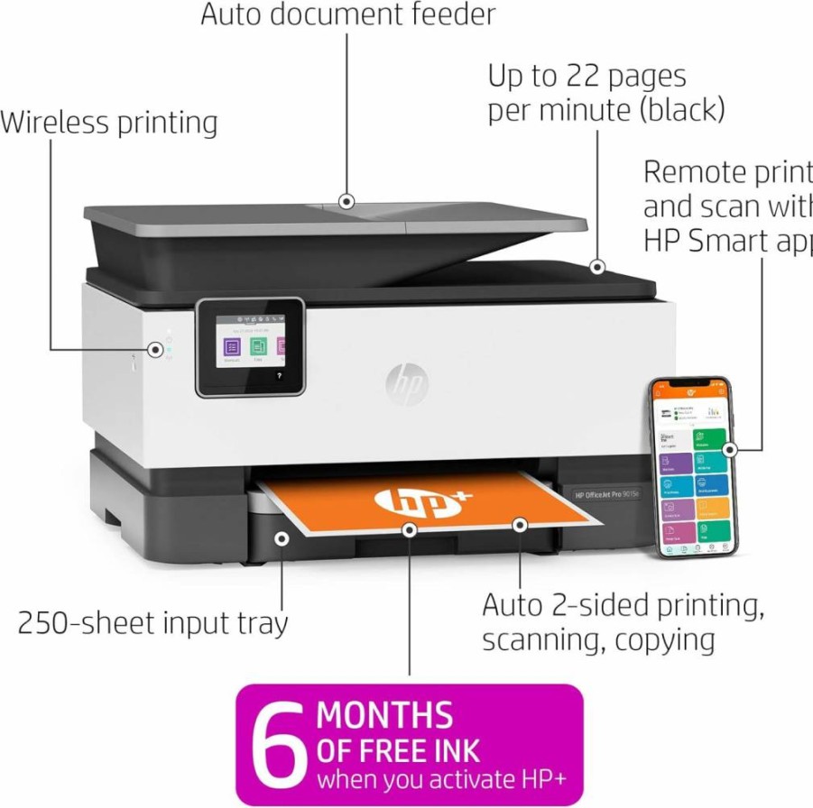 HP OfficeJet Pro 9015e Wireless All-in-One Color Printer with 6 Months Instant Ink, HP+ Ready, 1G5L3A, Gray