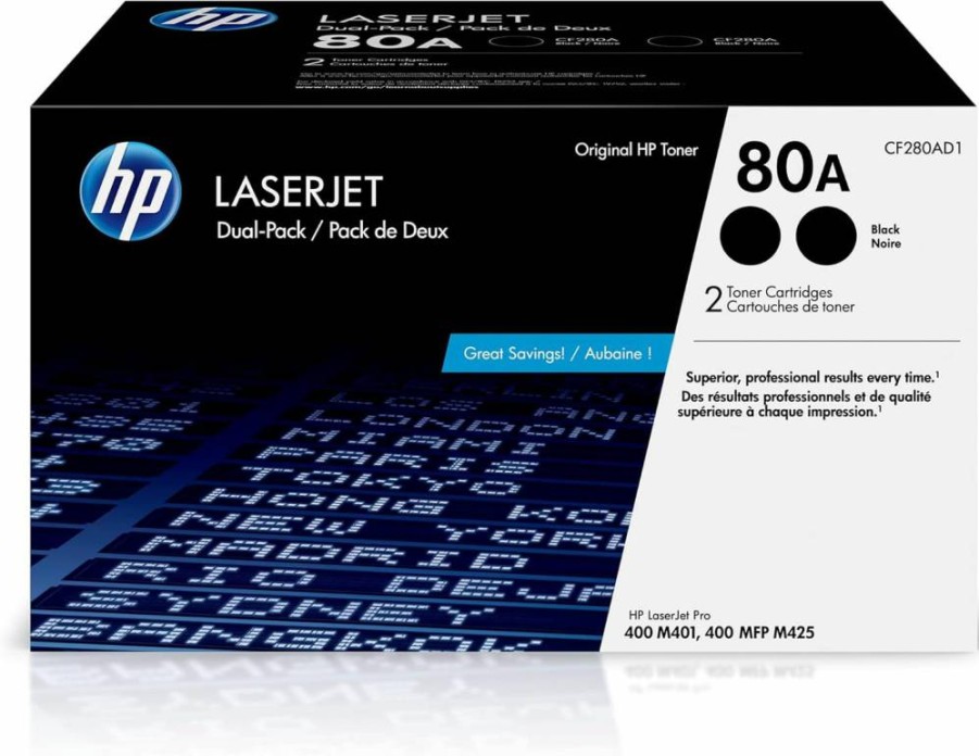 HP 80A Black Toner Cartridge (2-Pack) - Compatible with HP LaserJet Pro 400 M401, M425 Series | CF280A High-Yield Replacement