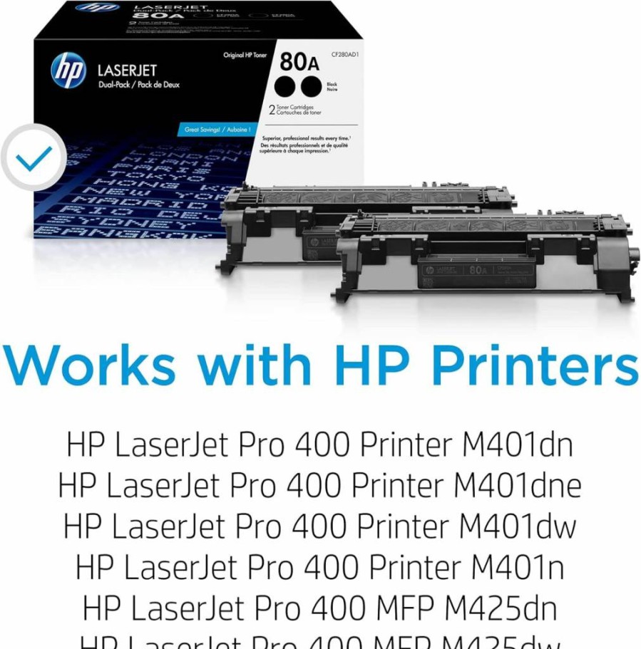 HP 80A Black Toner Cartridge (2-Pack) - Compatible with HP LaserJet Pro 400 M401, M425 Series | CF280A High-Yield Replacement