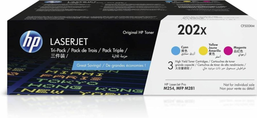 HP CF500XM Cyan, Magenta, Yellow High-Yield Toner Cartridge 3-Pack | Compatible with HP Color LaserJet Pro M254dw, MFP M281fdw Printers | Original HP Toner for Vibrant Color Printing