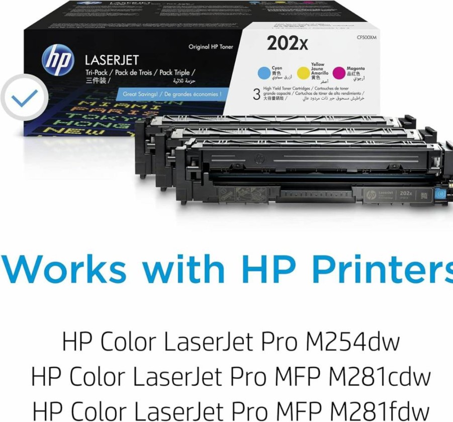 HP CF500XM Cyan, Magenta, Yellow High-Yield Toner Cartridge 3-Pack | Compatible with HP Color LaserJet Pro M254dw, MFP M281fdw Printers | Original HP Toner for Vibrant Color Printing