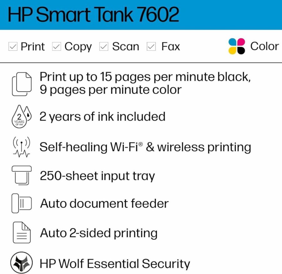 HP Smart Tank 7602 Wireless All-in-One Printer with 2 Years Ink - Print, Scan, Copy, Fax - Refillable Ink Tank for Home (28B98A)