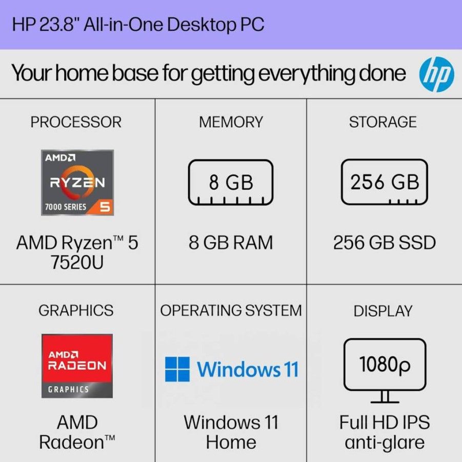 HP 24-Inch All-in-One Desktop PC (2024) - AMD Ryzen 5 7520U, 8GB RAM, 256GB SSD, FHD Display, Radeon Graphics, Windows 11 Home, 24-Cr0002