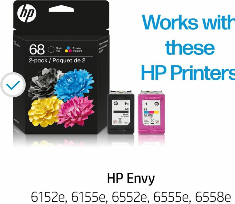 HP 68 Black & Tri-Color Ink Cartridge 2-Pack - Compatible with ENVY 6100E, 6500E Series Printers - Instant Ink Eligible - 6L6S2Tn