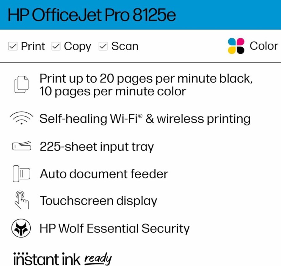 HP OfficeJet Pro 8125e Wireless All-in-One Printer with Print, Scan, Copy, ADF, Duplex Printing & 3 Months Instant Ink – Ideal for Home Office (405T6A)