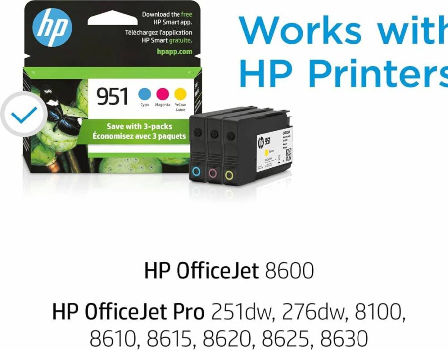 HP 951 Cyan, Magenta, Yellow Ink Cartridges 3-Pack | Compatible with HP OfficeJet Pro 251DW, 276DW, 8600, 8610, 8620, 8630 Series | Instant Ink Eligible | CR314FN Combo Pack