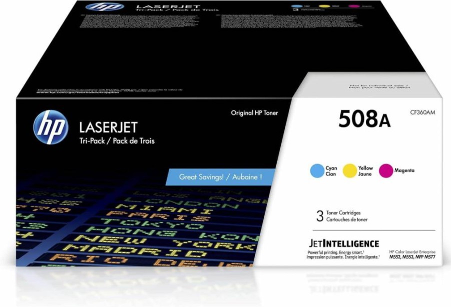 HP 508A Cyan, Magenta, Yellow Toner Cartridges 3-Pack | Compatible with HP Color LaserJet Pro M552dn, M553dn, MFP M577 Series | CF360A, CF361A, CF362A | High-Yield Replacement Ink