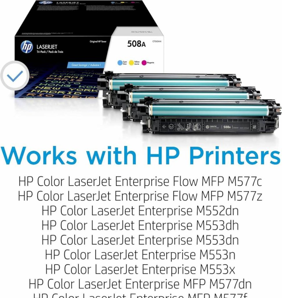 HP 508A Cyan, Magenta, Yellow Toner Cartridges 3-Pack | Compatible with HP Color LaserJet Pro M552dn, M553dn, MFP M577 Series | CF360A, CF361A, CF362A | High-Yield Replacement Ink