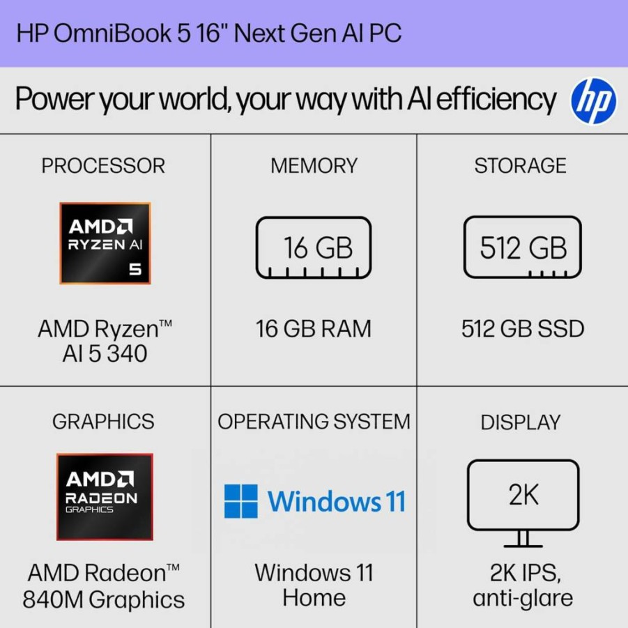 HP Omnibook 5 16-inch AI Laptop: AMD Ryzen AI 5 340, 16GB RAM, 512GB SSD, 2K Display, Radeon 840M, Windows 11 Home, Copilot+ PC with 50 TOPS NPU, Glacier Silver (16-AG1000NR)