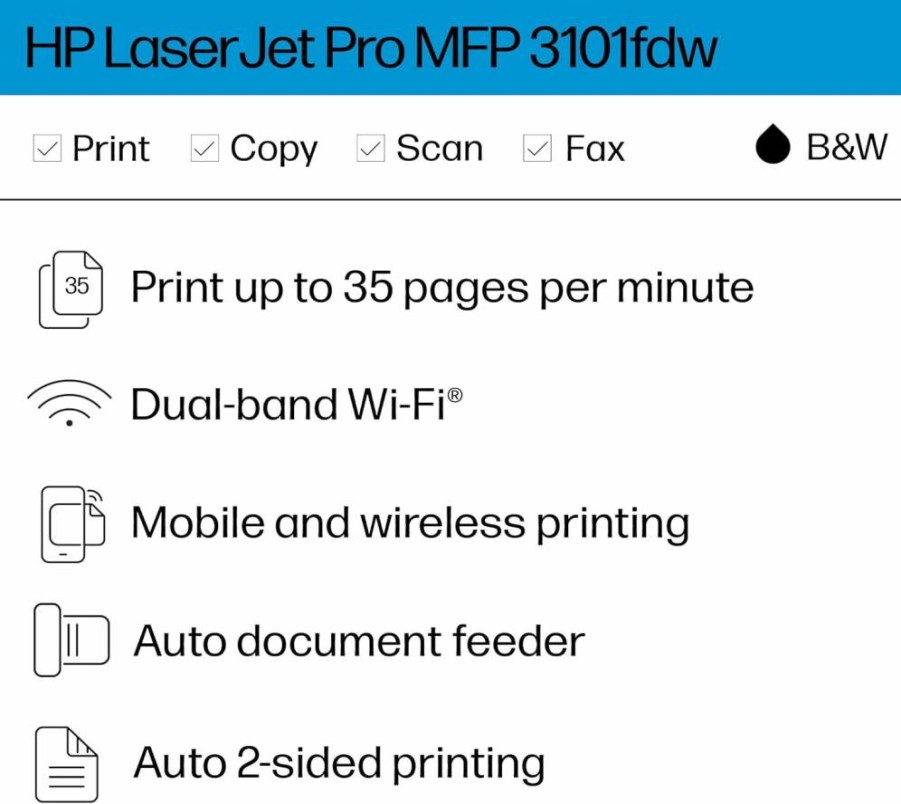 HP LaserJet Pro MFP 3101fdw Wireless All-in-One Laser Printer with Scanner, Copier & Fax | Fast Duplex Printing | Ideal for Office Use | 3G628F