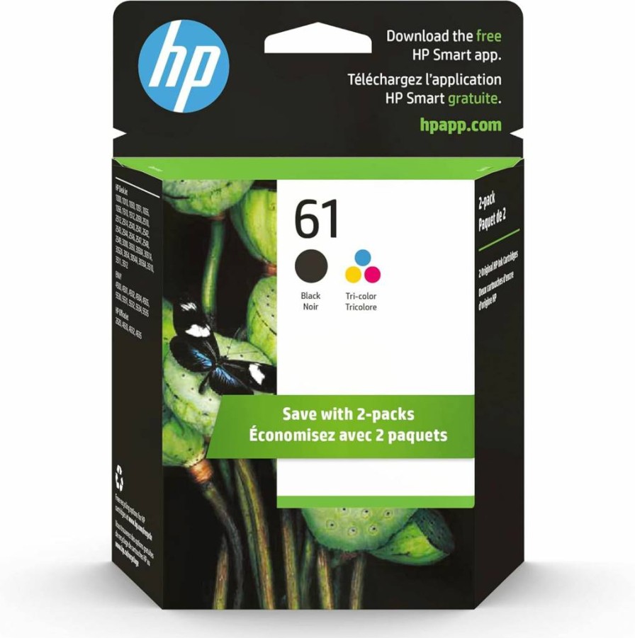 HP 61 Black & Tri-Color Ink Cartridges 2-Pack - Compatible with Deskjet 1000/2050/3000, Envy 4500/5530, Officejet 2620/4630 - Instant Ink Eligible - CR259FN