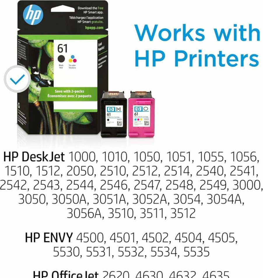 HP 61 Black & Tri-Color Ink Cartridges 2-Pack - Compatible with Deskjet 1000/2050/3000, Envy 4500/5530, Officejet 2620/4630 - Instant Ink Eligible - CR259FN