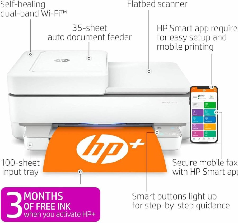 HP Envy 6455e Wireless All-in-One Color Inkjet Printer with Mobile Printing, Scan, Copy, Easy Setup & 3-Month Instant Ink Trial - White