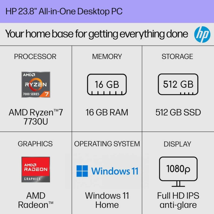 HP 24-Inch All-in-One Desktop PC (2024) - AMD Ryzen 7 7730U, 16GB RAM, 512GB SSD, FHD Display, Radeon Graphics, Windows 11 Home - 24-Cr0032