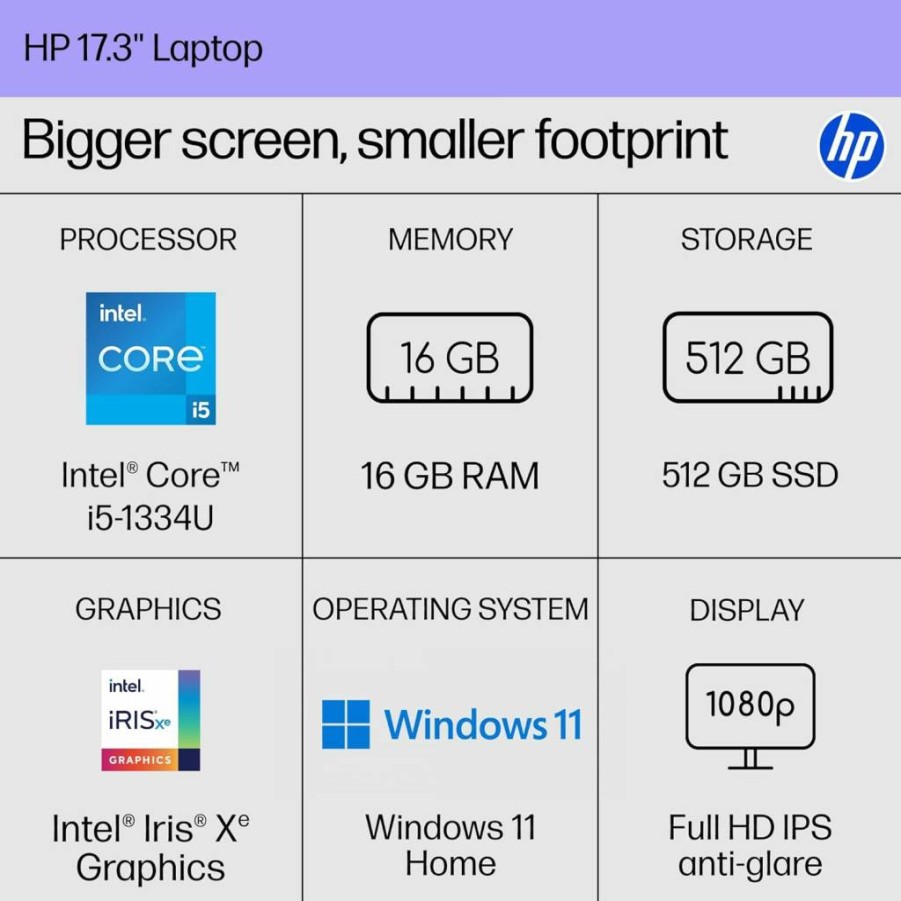 HP 17.3" Laptop, Intel Core i5-1335U, 16GB RAM, 512GB SSD, FHD Display, Windows 11 Home, Silver (17-CN3399NR)