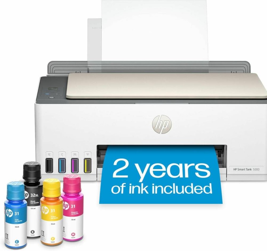 HP Smart-Tank 5000 Wireless All-in-One Printer with 2 Years of Ink | Mobile Print, Scan, Copy | White | Compact Design 17.11 x 14.23 x 6.19 Inches