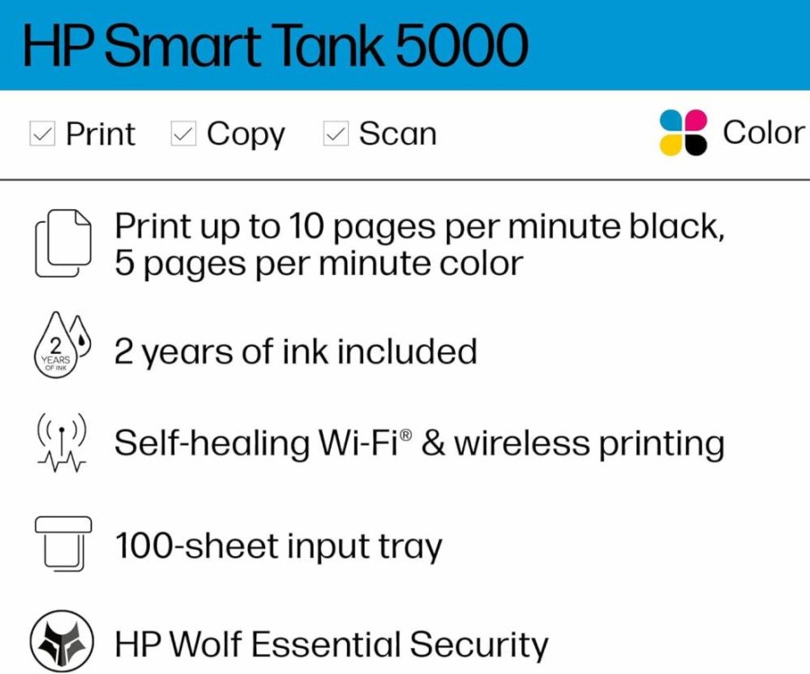 HP Smart-Tank 5000 Wireless All-in-One Printer with 2 Years of Ink | Mobile Print, Scan, Copy | White | Compact Design 17.11 x 14.23 x 6.19 Inches