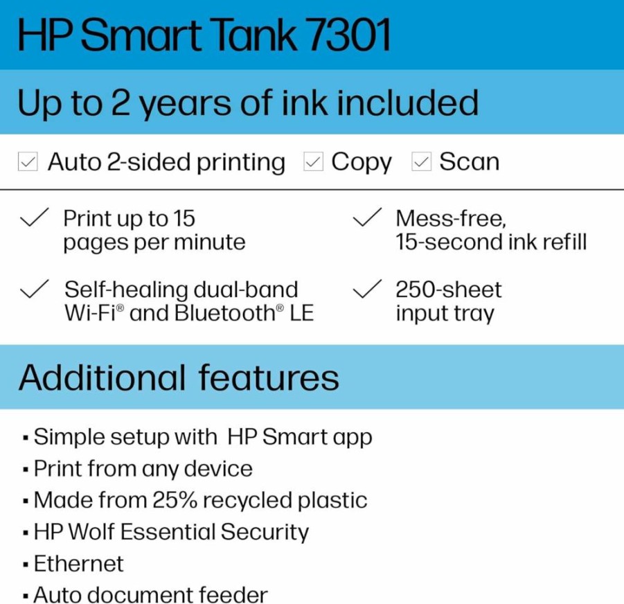 HP Smart-Tank 7301 Wireless All-in-One Printer with 2 Years of Ink, Mobile Printing, Scan, Copy, Auto Document Feeder, 28B70A, Gray