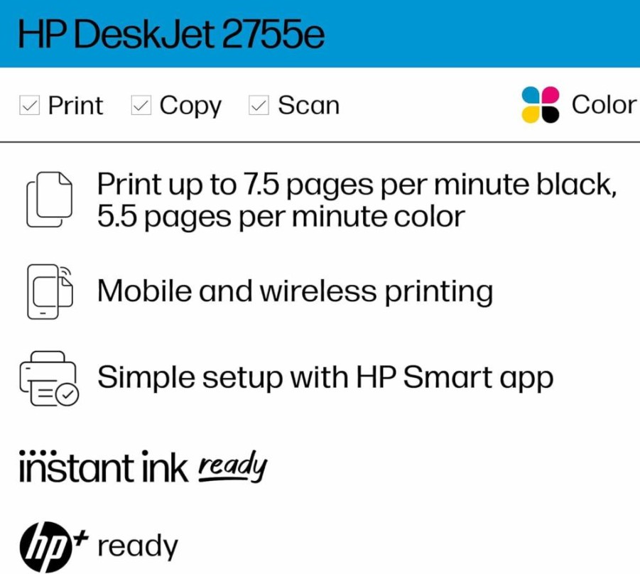 HP Deskjet 2755e Wireless All-in-One Color Inkjet Printer with Print, Scan, Copy, Easy Setup, Mobile Printing, 6-Month Instant Ink Trial, White – Ideal for Home Use
