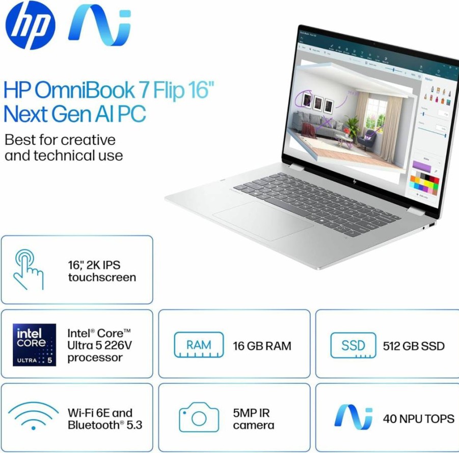 HP Omnibook 7 Flip 16" 2-in-1 Laptop - Intel Core Ultra 5, 16GB RAM, 512GB SSD, 2K Touchscreen, Windows 11 Home, Copilot+ PC, Glacier Silver (16-AU0000NR)