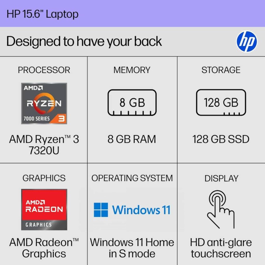 HP 15.6" Touchscreen Laptop, AMD Ryzen 3 7320U, 8GB RAM, 128GB SSD, Radeon Graphics, Windows 11 Home, Silver (15-FC0099NR)
