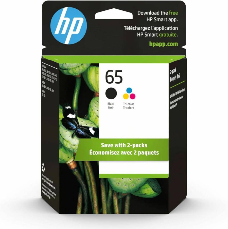 HP 65 Black & Tri-Color Ink Cartridges 2-Pack | Compatible with HP Envy 5000, Deskjet 2600/3700, AMP 100 Series | T0A36AN | Instant Ink Ready