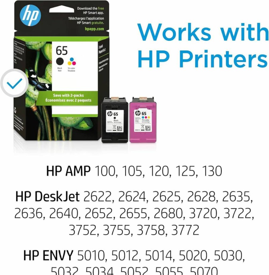 HP 65 Black & Tri-Color Ink Cartridges 2-Pack | Compatible with HP Envy 5000, Deskjet 2600/3700, AMP 100 Series | T0A36AN | Instant Ink Ready