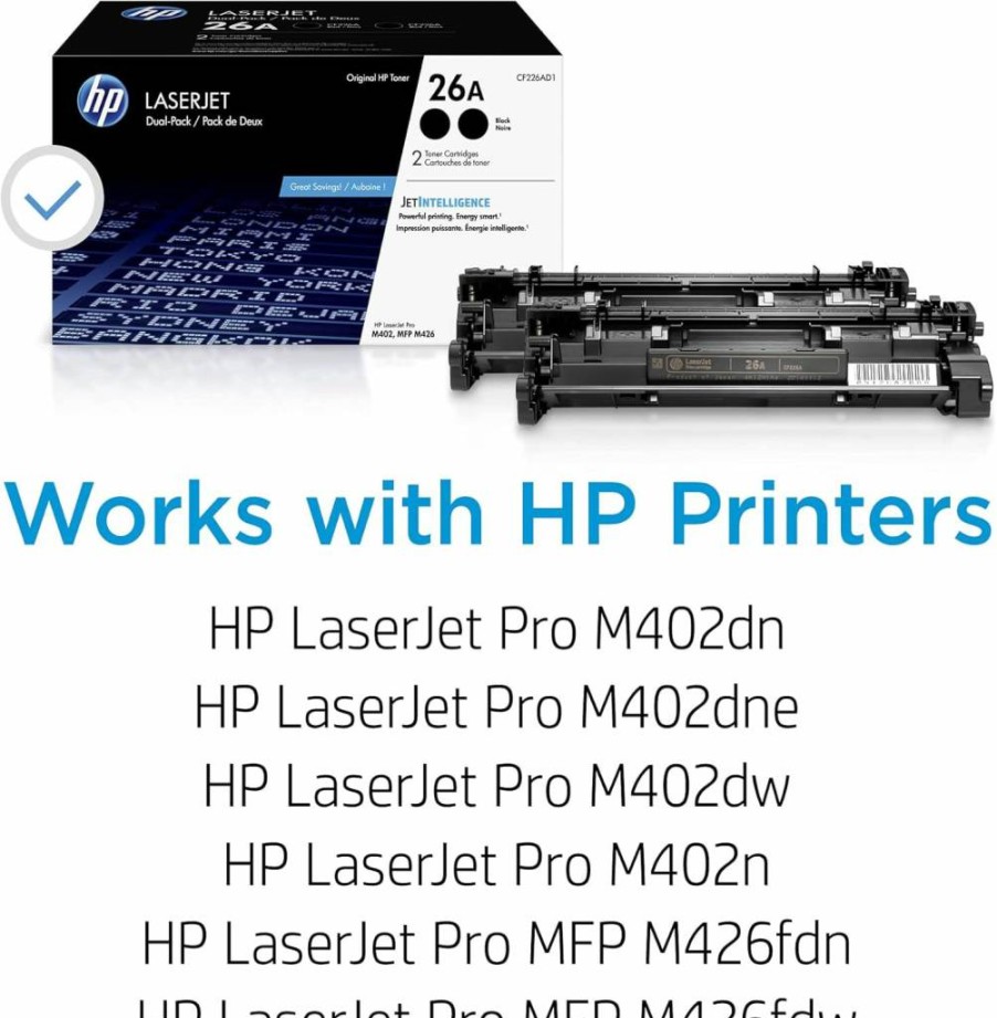 HP 26A Black Toner Cartridge (2-Pack) - Compatible with LaserJet Pro M402dn, M402dw, M426fdw, M426fdn | CF226A High-Yield Replacement