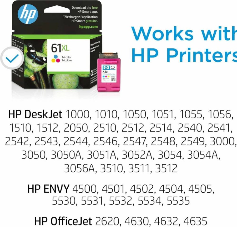 HP 61XL Tri-Color High-Yield Ink Cartridge | Compatible with Deskjet 1000, 1510, 2050, 2510, 2540, 3000, 3050, 3510; Envy 4500, 5530; Officejet 2620, 4630 Printers | Instant Ink Ready | CH564WN | Genuine HP Ink