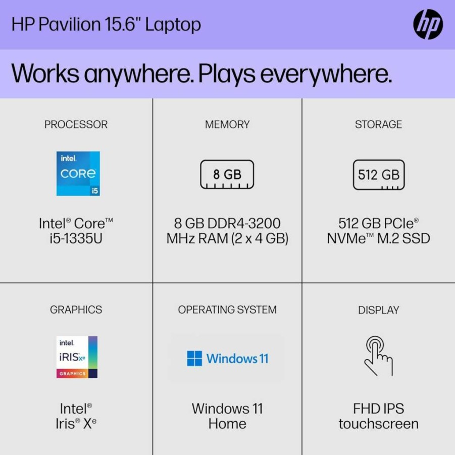 HP Pavilion 15.6" FHD Touchscreen Laptop (2023) - 13th Gen Intel Core i5-1335U, 8GB RAM, 512GB SSD, Iris Xe Graphics, Windows 11 Home, 15-EG3010NR