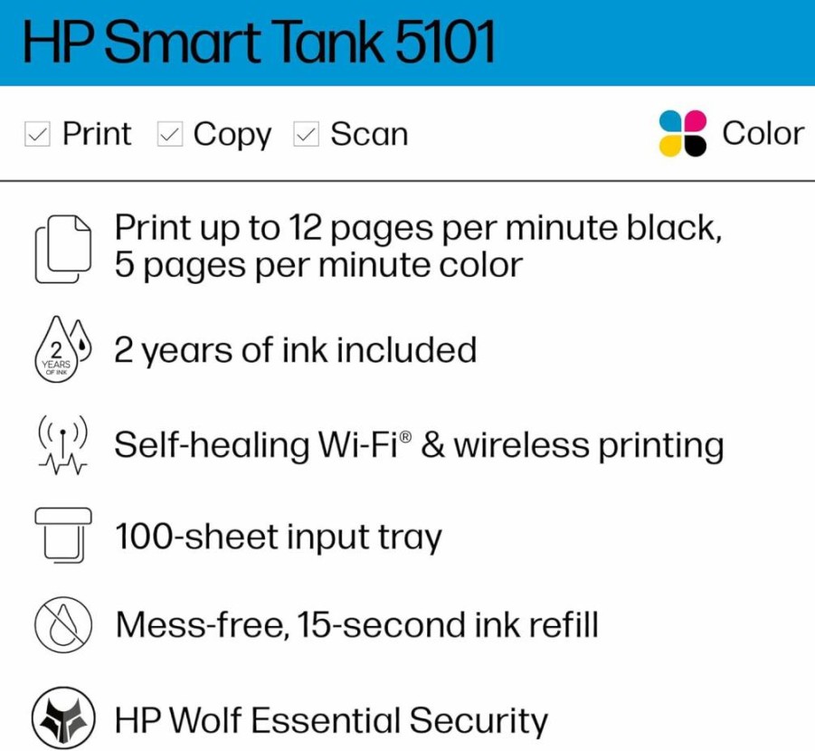 HP Smart Tank 5101 Wireless All-in-One Ink Tank Printer with High-Yield Ink, Mobile Printing, and Scan/Copy Functions