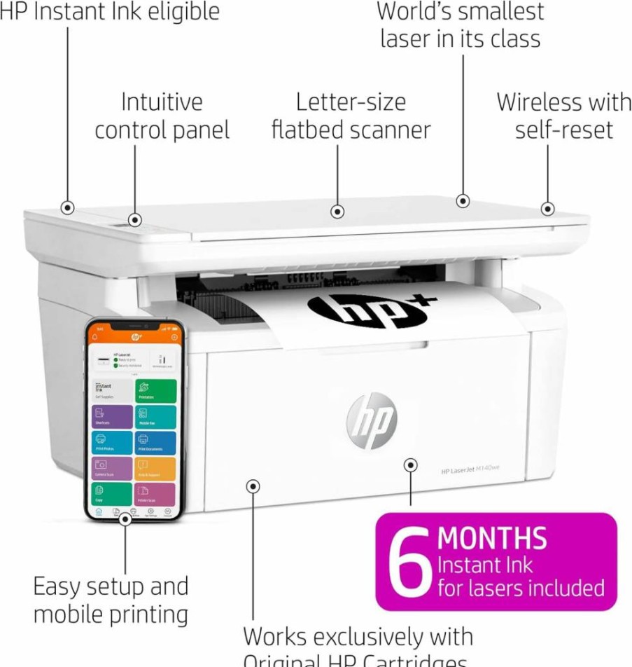 HP LaserJet M140we Wireless All-in-One Monochrome Printer with HP+ Smart Printing, 6-Month Instant Ink Included (7MD72E) - Compact Home & Office Solution