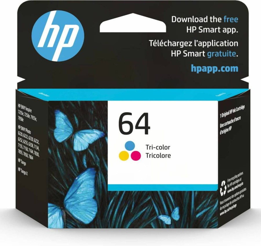 HP 64 Tri-Color Ink Cartridge (N9J89AN) - Compatible with Envy Photo 6200, 7100, 7800; Envy Inspire 7950E; Tango Printers | Instant Ink Eligible