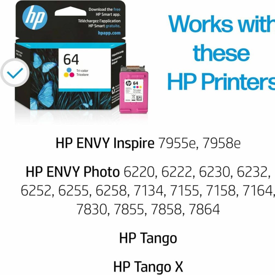 HP 64 Tri-Color Ink Cartridge (N9J89AN) - Compatible with Envy Photo 6200, 7100, 7800; Envy Inspire 7950E; Tango Printers | Instant Ink Eligible