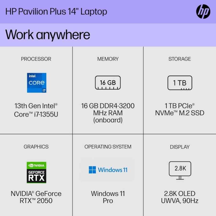 HP Pavilion Plus 14" Laptop (2023) - 13th Gen Intel Core i7, 2.8K OLED Display, 16GB RAM, 1TB SSD, NVIDIA RTX 2050, Windows 11 Pro - 14-EH1299NR