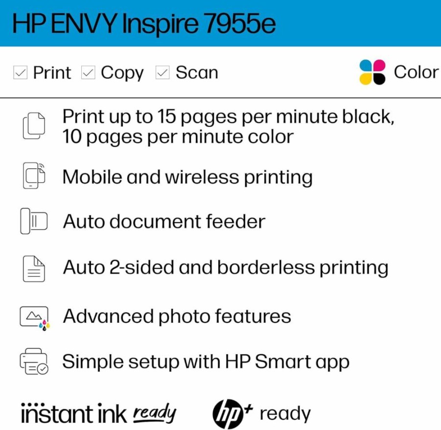 HP Envy Inspire 7955E Wireless All-in-One Color Inkjet Printer with Mobile Printing, Scan, Copy, Easy Setup & 3-Month Instant Ink Trial - White for Home Use