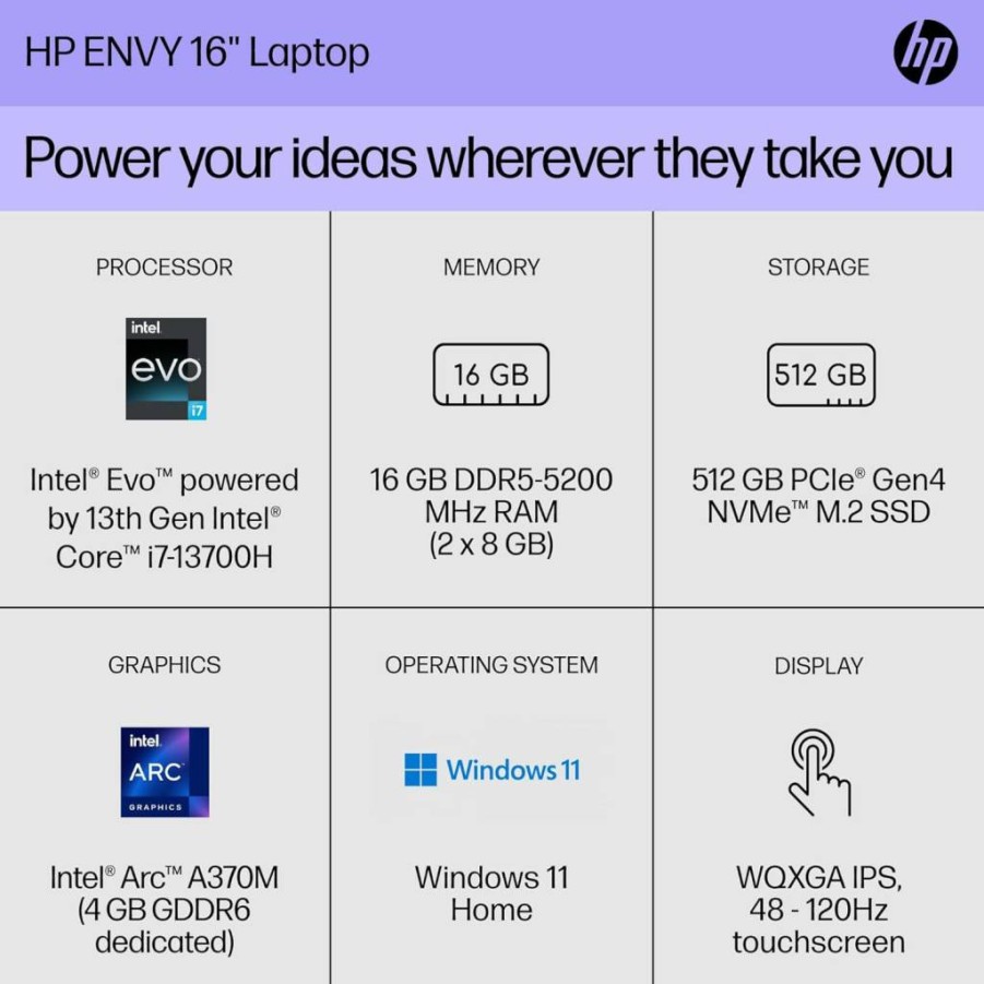 HP Envy 16" Laptop (2023) - Intel Core i7-13700H, 16GB RAM, 512GB SSD, Intel Arc A370M, WQXGA 120Hz Display, Windows 11 Home, Silver - 16-H1010Nr
