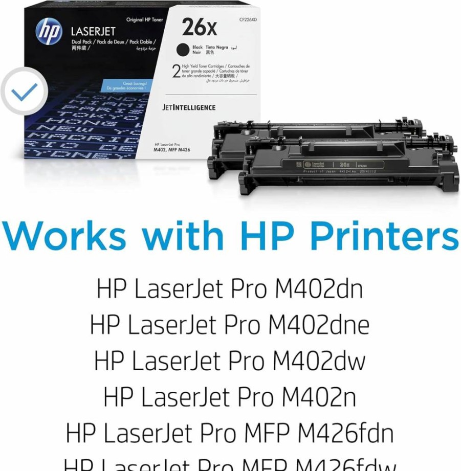 HP 26X Black High-Yield Toner Cartridge (2-Pack) - CF226XD - Compatible with HP LaserJet Pro M402 & MFP M426 Series Printers
