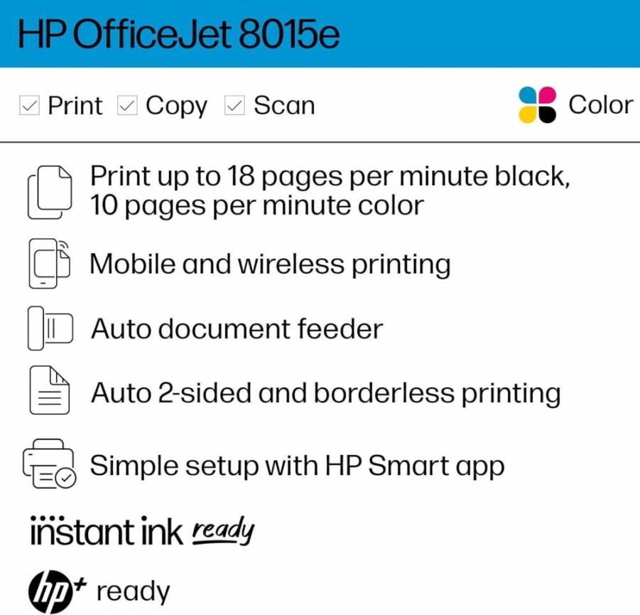 HP OfficeJet 8015e Wireless All-in-One Color Printer with Scanner, Copier & Fax | 6-Month Instant Ink Trial | Mobile Printing, AirPrint, Works with Alexa