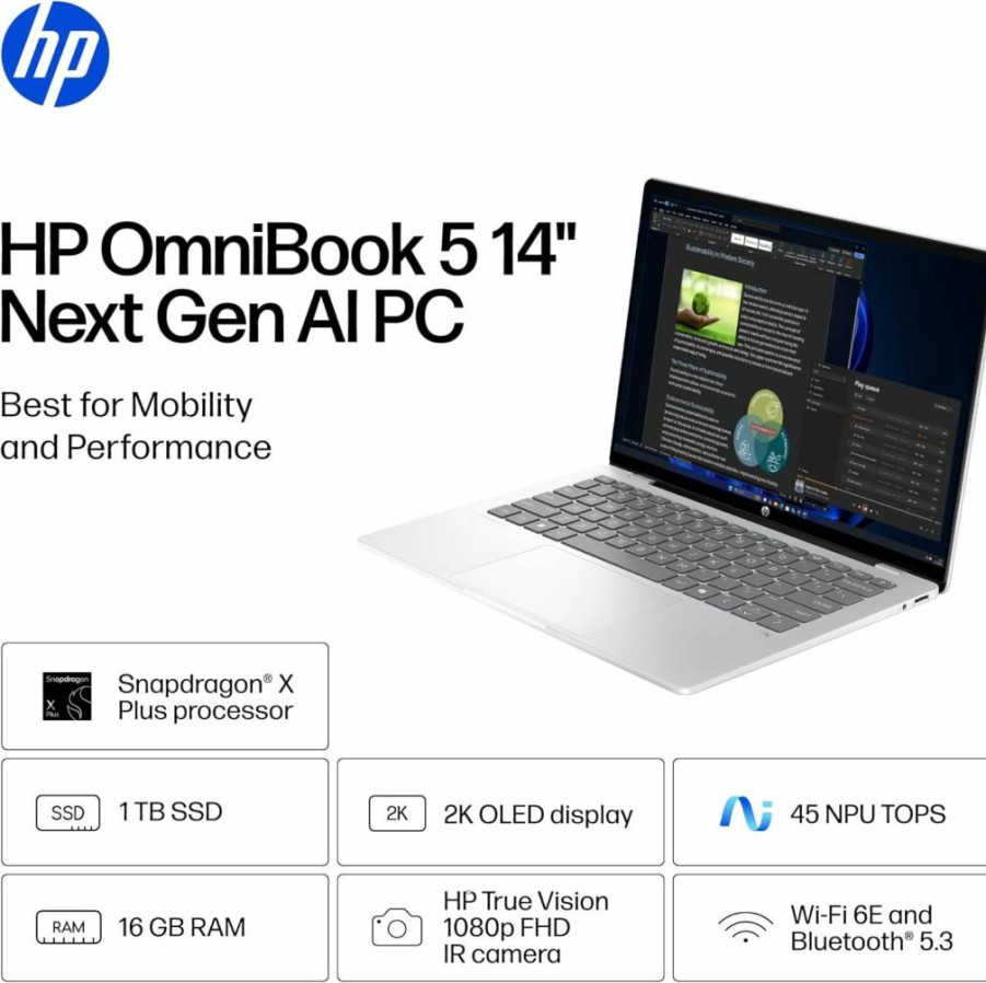 HP Omnibook 5 14" Snapdragon X Plus AI PC - 2K Display, 16GB RAM, 1TB SSD, Windows 11 Home, Copilot+ (14-He0099Nr, Glacier Silver)