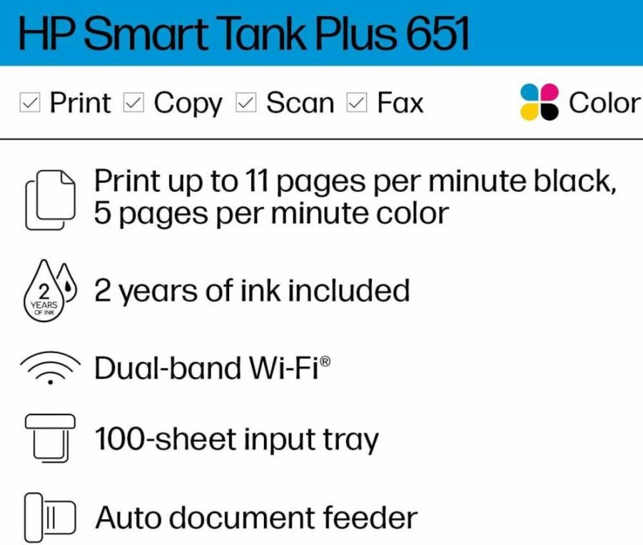 HP Smart-Tank Plus 651 Wireless All-in-One Printer with 2-Year Ink Supply, Auto Document Feeder, Mobile Printing, Scan, Copy, Alexa Compatible (7XV38A)