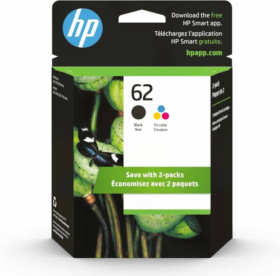HP 62 Black & Tri-Color Original Ink Cartridges (2-Pack) - Compatible with HP Printers - C2P04AN & C2P06AN - High-Yield, Genuine HP Ink