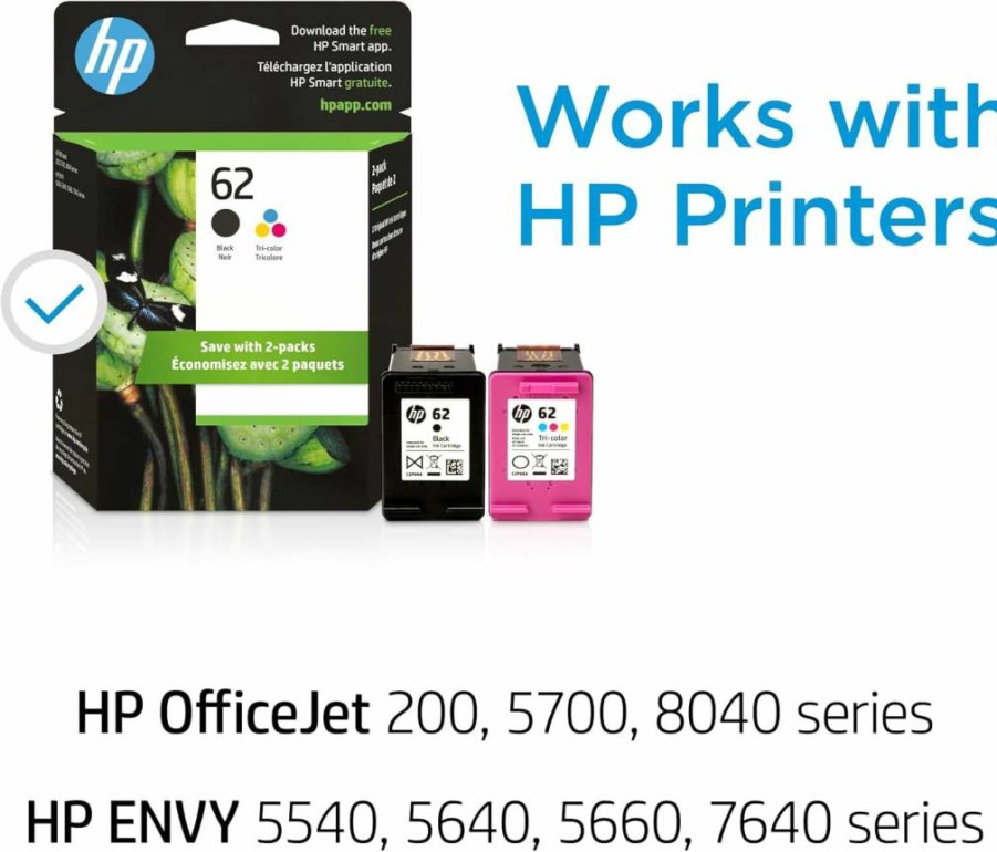 HP 62 Black & Tri-Color Original Ink Cartridges (2-Pack) - Compatible with HP Printers - C2P04AN & C2P06AN - High-Yield, Genuine HP Ink
