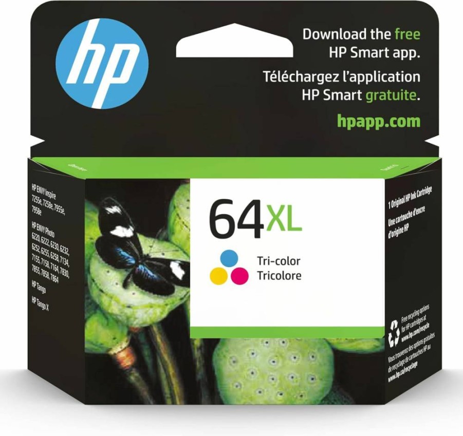 HP 64XL Tri-Color High-Yield Ink Cartridge for ENVY Photo 6200, 7100, 7800, 7950E, Tango Printers | Instant Ink Compatible | N9J91AN