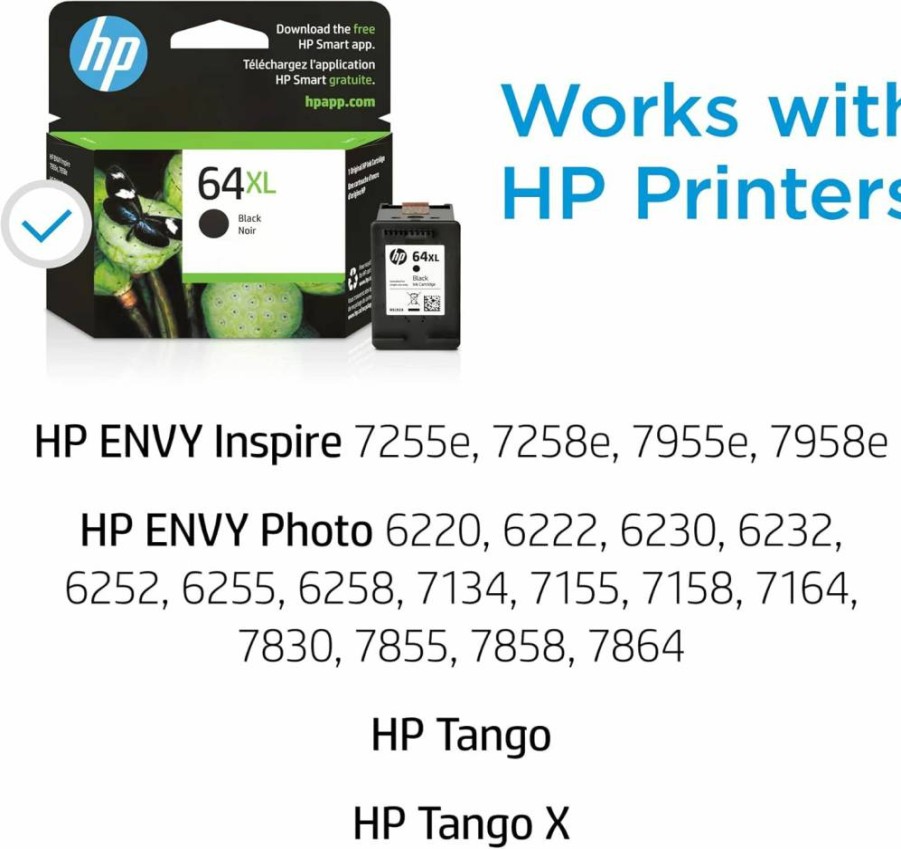 HP 64XL Black High-Yield Ink Cartridge | Compatible with HP Envy Photo 6200, 7100, 7800, Inspire 7950E, Tango Printers | Instant Ink Eligible | N9J92AN