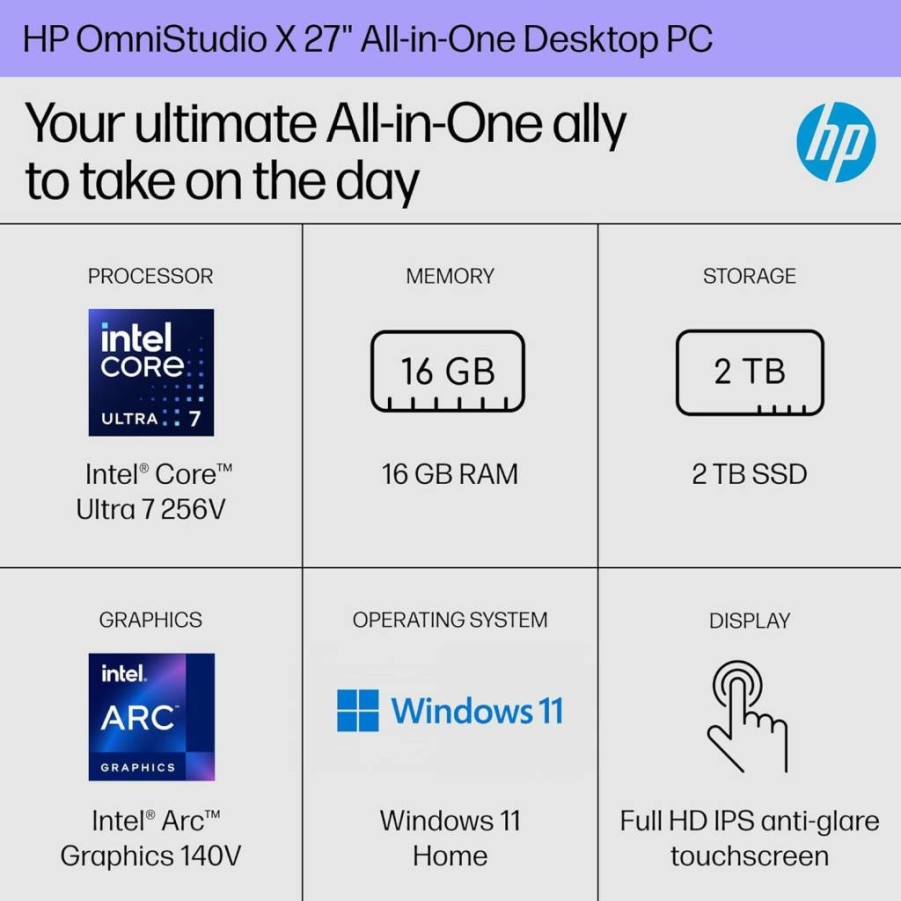 HP OmniStudio X 27" All-in-One AI PC: Intel Core Ultra 7, 16GB RAM, 2TB SSD, FHD Touchscreen, Windows 11 Home, Copilot+ (27-CS1010)
