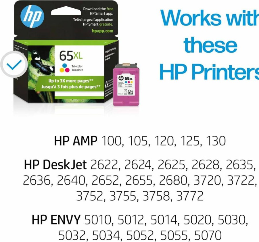 HP 65XL Tri-Color High-Yield Ink Cartridge | Compatible with HP Envy 5000, Deskjet 2600, 3700, AMP 100 Series | N9K03AN | Instant Ink Eligible