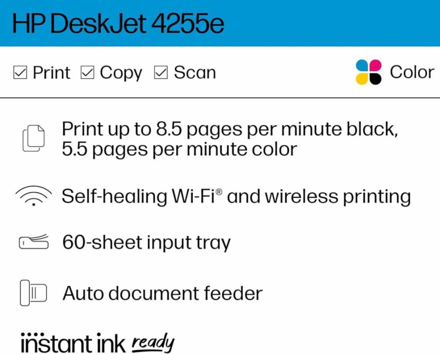 HP Deskjet 4255E All-in-One Wireless Color Inkjet Printer with Scanner, Copier, and 3-Month Instant Ink Trial – Ideal for Home Use (588S6A)