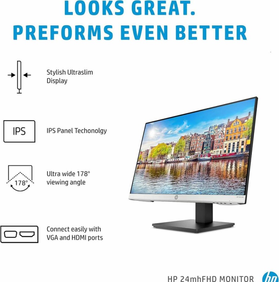 HP 24MH 23.8-Inch IPS FHD Monitor (1920x1080) with Built-In Speakers, VESA Mount, HDMI & DisplayPort, Height/Tilt Adjustment - 1D0J9AA#ABA