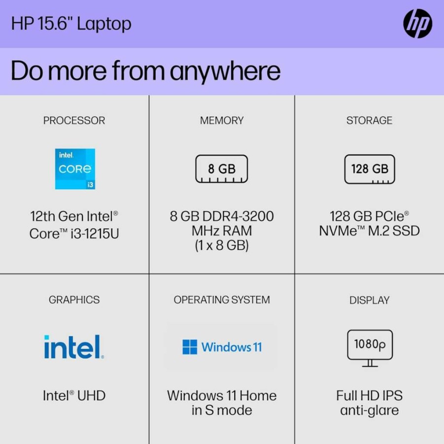 HP 15.6" FHD Laptop (2023) - Intel Core i3-1215U, 8GB RAM, 128GB SSD, Windows 11 Home, 15-dy5599nr, Grey